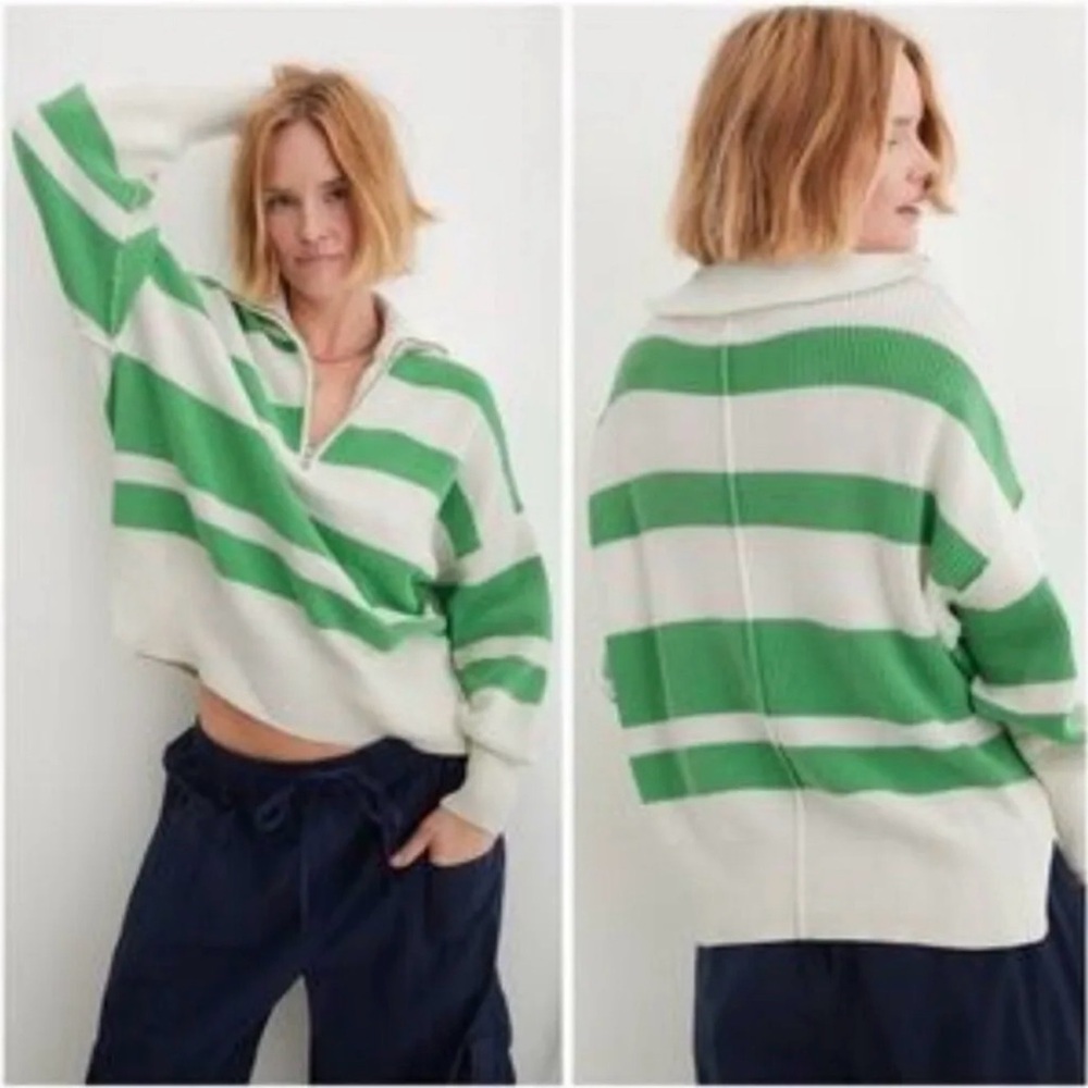 Aerie Beyond Quarter Zip Sweater Green and White Stripe M Oversized